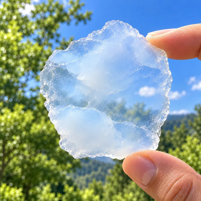 Morceau d’aérogel transparent tenu entre deux doigts devant le ciel