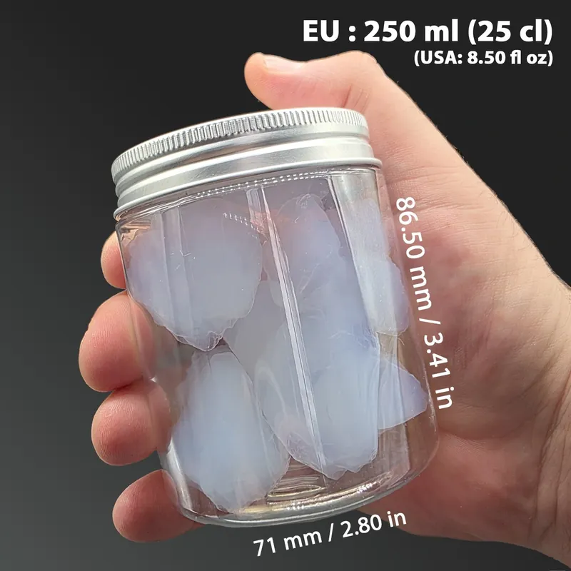 Pot d’aérogel de silice 250 ml en main – dimensions 86,5 × 71 mm